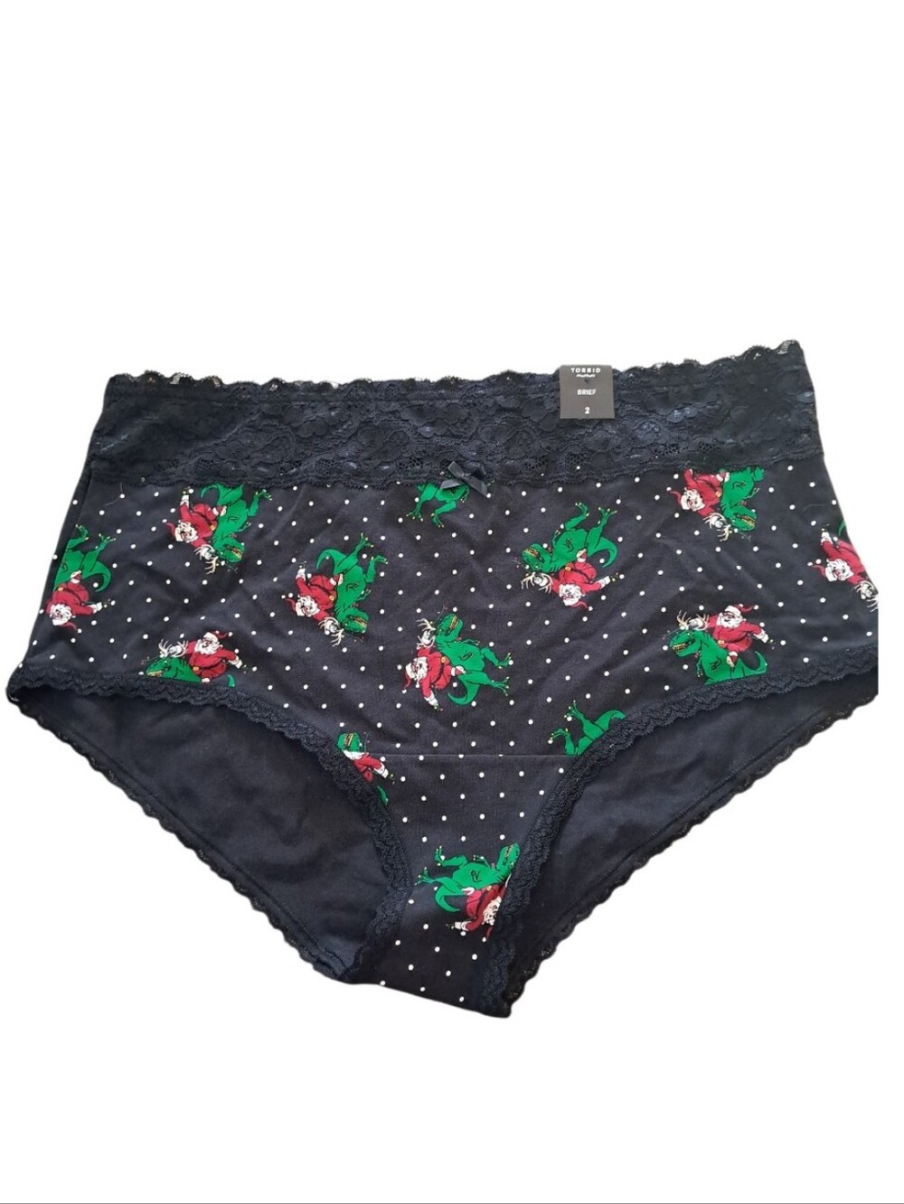 New TORRID Women’s Brief Lace Trim Panty 4X Black Polka Dot Santa Dino Christmas